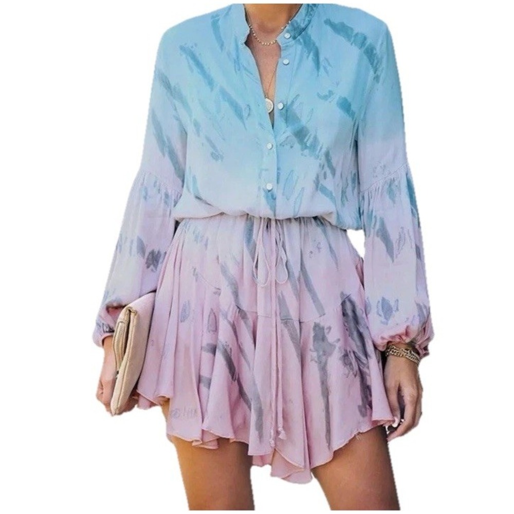 Clarisbelle Womens Long Sleeve Button Up Tie Waist Chiffon Dress Tie Dye Sz‎ S